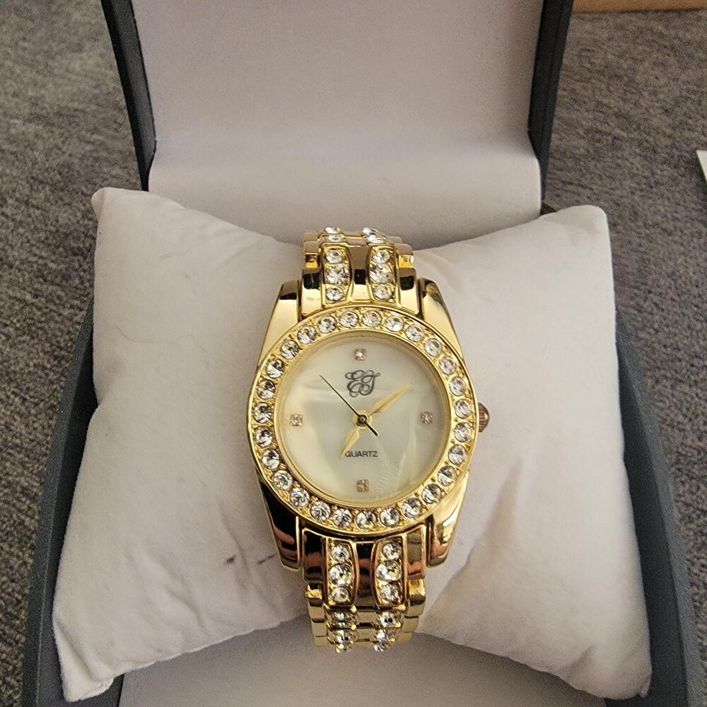 Vintage EJ Womens Watch White Dial Gold Case Crystal Bezel Bracelet Quartz